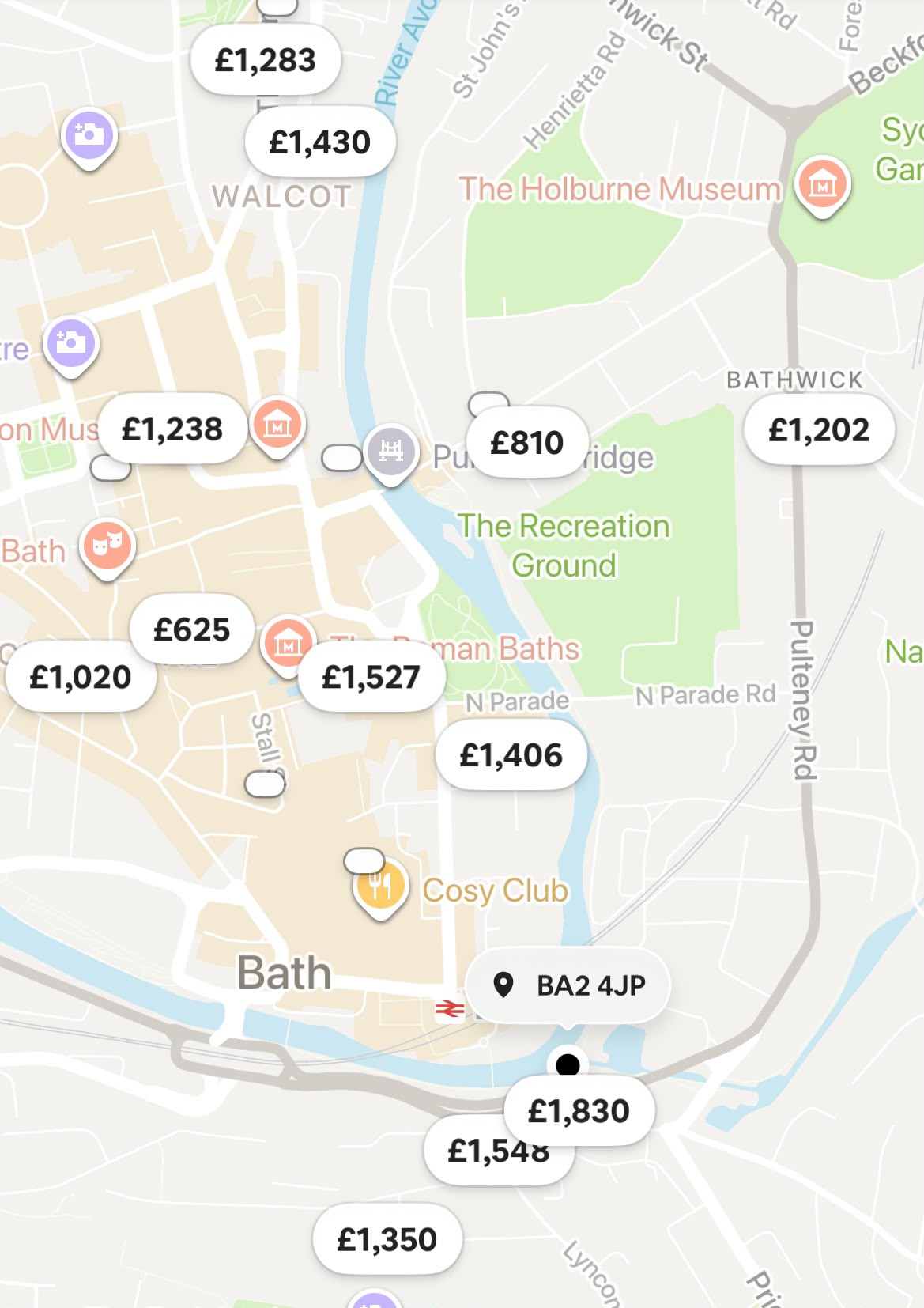 Airbnb monthly pricing map around BA2 4JP, Bath